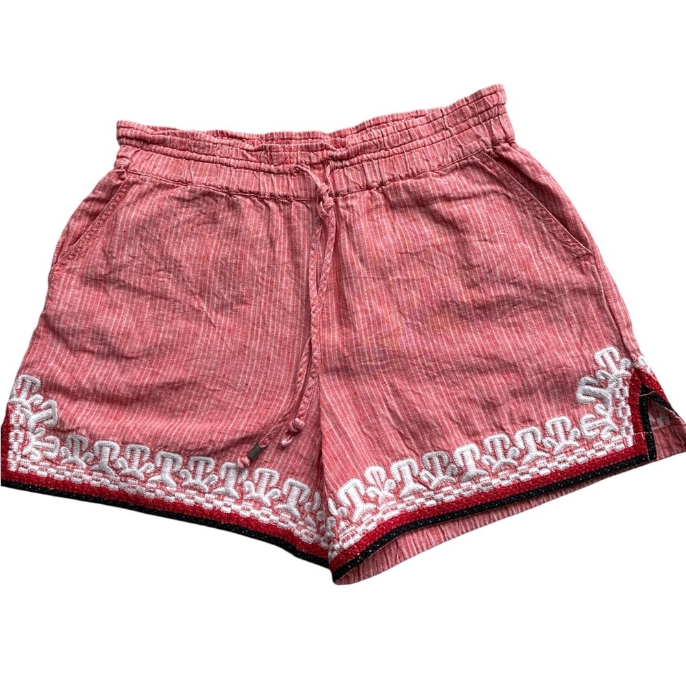 Anthropologie Red Cargo Shorts with White Embroidery